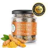 Turmeric Spiced Herb Tea jar with 'Vitality & Immune Strength' tagline, surrounded by fresh turmeric and spices.