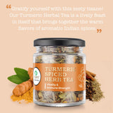 Turmeric Spiced Herb Tea jar with 'Vitality & Immune Strength' tagline, surrounded by fresh turmeric and spices.