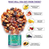 Health benefits of iOrganic Chatpata Fruit Trail Mix highlighting vitamin C from strawberries and fiber from apples, ideal for a tasty and tangy snack option.