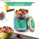 iOrganic's delectable Chatpata Fruit Trail Mix in a bowl, presented as a tasty and tangy snack with a burst of flavors for snacking or adding to meals.