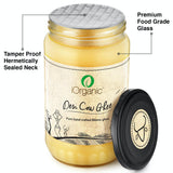 Close-up of iOrganic A2 Desi Cow Ghee in a tamper-proof, hermetically sealed jar made from premium food-grade glass, preserving the purity and ayurvedic goodness of bilona ghee.