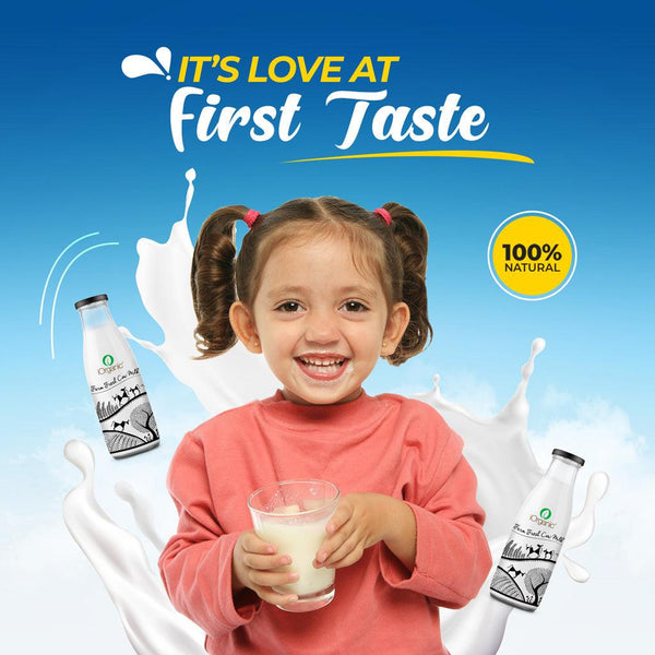 Smiling young girl enjoying iOrganic A2 Cow Milk, captioned 'It's Love at First Taste,' with two bottles and a splash design, symbolizing 100% natural, hormone-free quality milk for children.