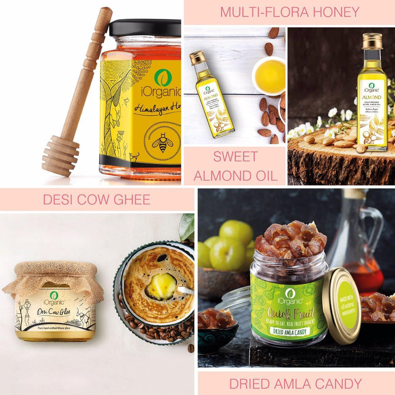 iorganic Signature Gift Box / Assortment of 4 Products / Virgin Oil, Honey, Dried Fruit & A2 Ghee, diwali gifting, festive gifting, wedding gifting, corporate gifting