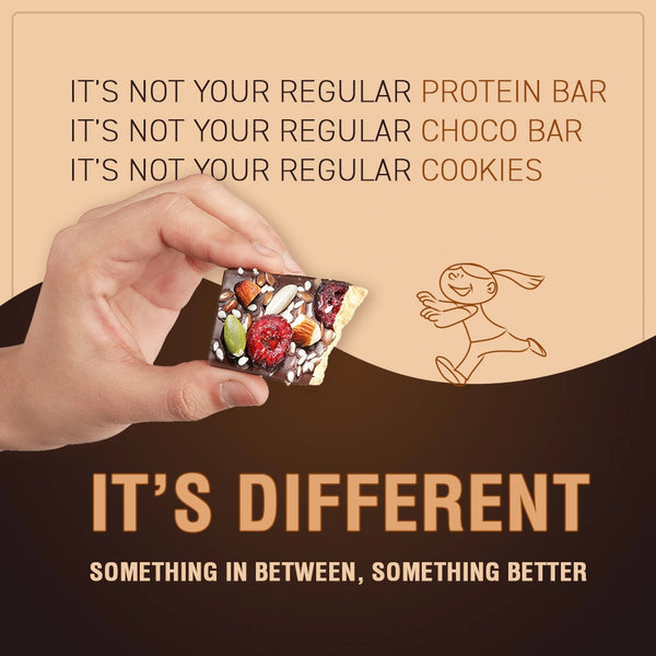 Hand holding Smart Yums Protein Bites, a unique snack combining the best of protein bars, chocolate, and cookies with a nutritious twist.