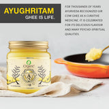 Golden jar of iOrganic A2 Gir Cow Ghee with a bowl of melted ghee ready for cooking, emphasizing its high smoke point and nutritional richness. Bilona Ghee
