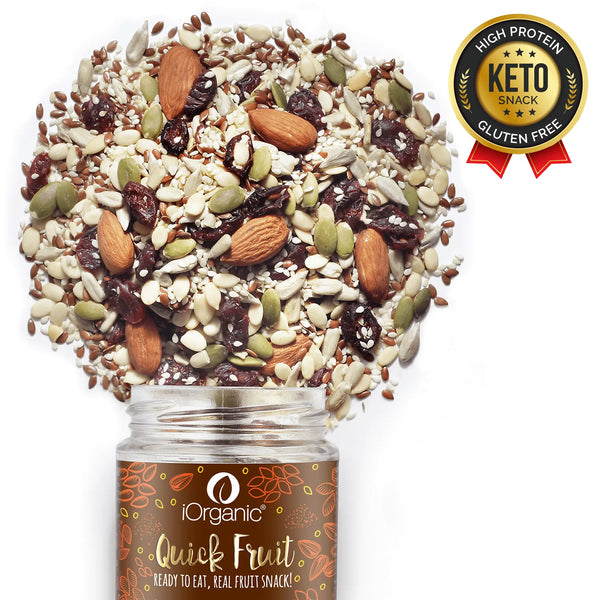 iOrganic 7-in-1 Omega Seed Mix spilling from a jar, a keto snack packed with omega-3, gluten-free and perfect for anyone looking for a nutritious high protein snack.