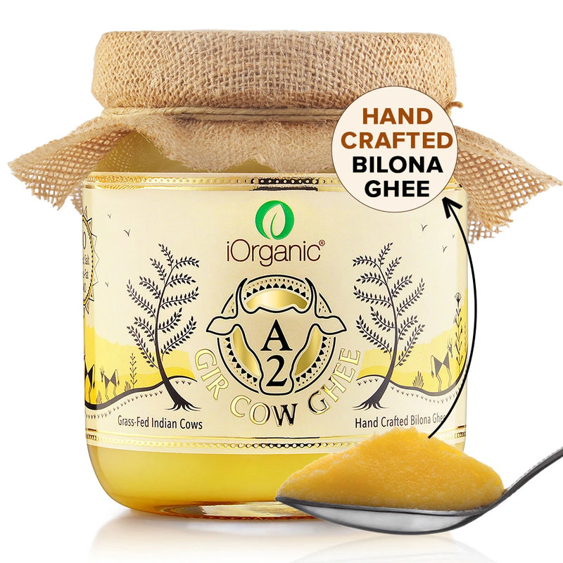 Jar of iOrganic A2 Gir Cow Ghee, A2 certified for purity, draped with a burlap cloth to emphasize its natural and traditional Ayurvedic origins. Bilona Ghee