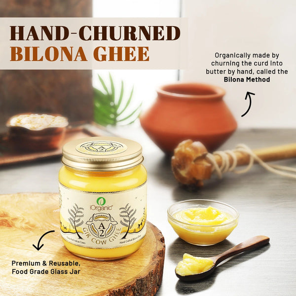 A2 Certified iOrganic Gir Cow Ghee jar beside a spoonful of ghee, underlining Ayurvedic health benefits and traditional culinary uses. Bilona Ghee