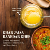 Golden jar of iOrganic A2 Gir Cow Ghee with a bowl of melted ghee ready for cooking, emphasizing its high smoke point and nutritional richness.