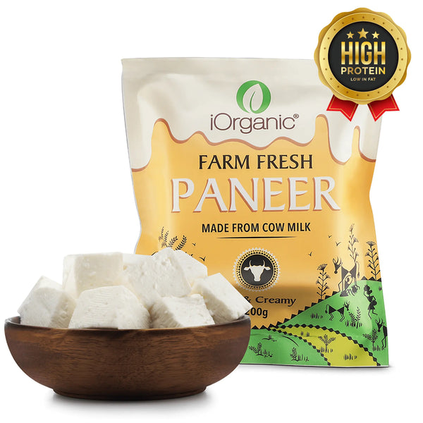 iOrganic A2 Milk Paneer, protein-rich and calcium-packed, crafted from 100% full-fat A2 cow milk, presenting a fresh and creamy texture, ideal for nutritious Indian cuisine.