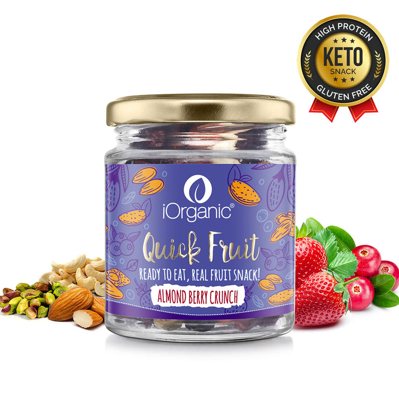 Jar of iOrganic Almond Berry Crunch, a keto-friendly high-protein snack, with almonds, pistachios, and a burst of berries, perfect for a nutritious pre-workout boost.
