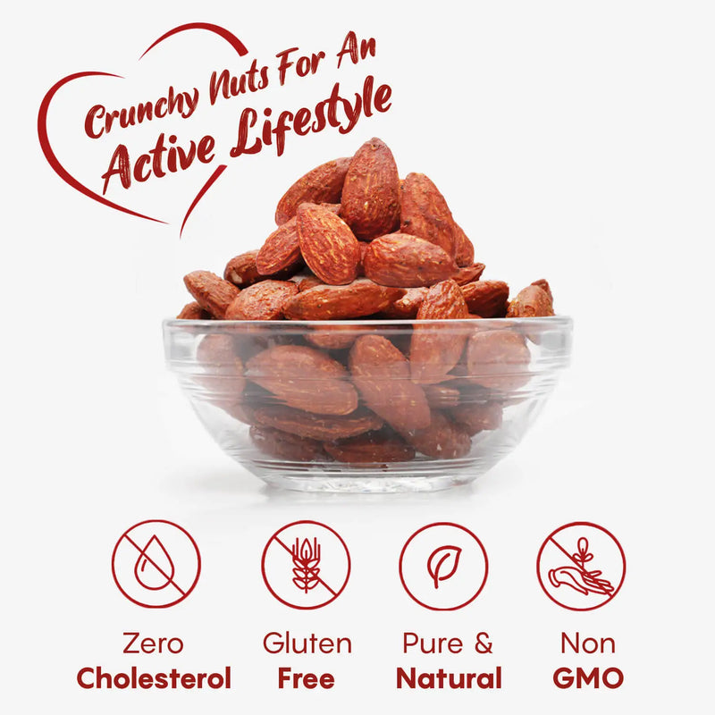 Crunchy nuts for an active lifestyle, iOrganic barbeque smoked almonds with no cholesterol and gluten-free properties.