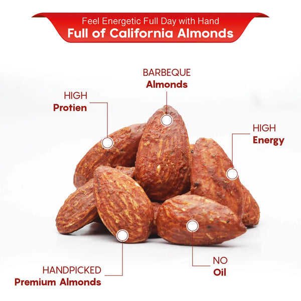 Close-up of iOrganic's barbeque smoked almonds, high in protein and energy, handpicked for quality.