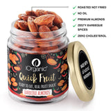 iOrganic's barbeque smoked almonds jar, boasting a no oil, premium quality nuts seasoned with zesty barbeque spices.