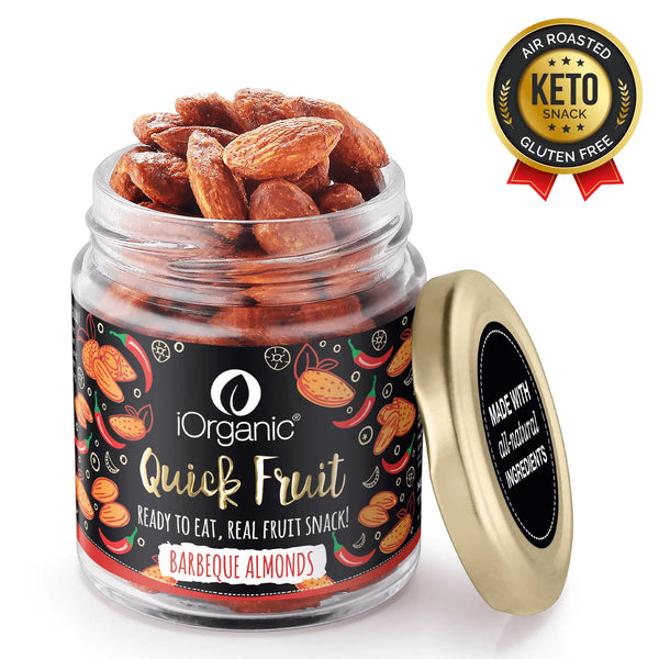 Air roasted barbeque smoked almonds in a clear jar, highlighted as a keto-friendly and gluten-free snack by iOrganic.