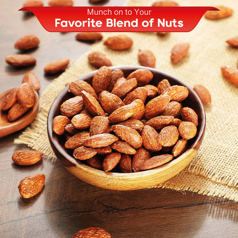 A bowl full of iOrganic's crunchy barbeque smoked almonds, perfect for a healthy nut mix snack.
