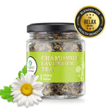 Chamomile Lavender Tea in a glass jar with vibrant green label, highlighting its relaxing and sleep-inducing benefits.