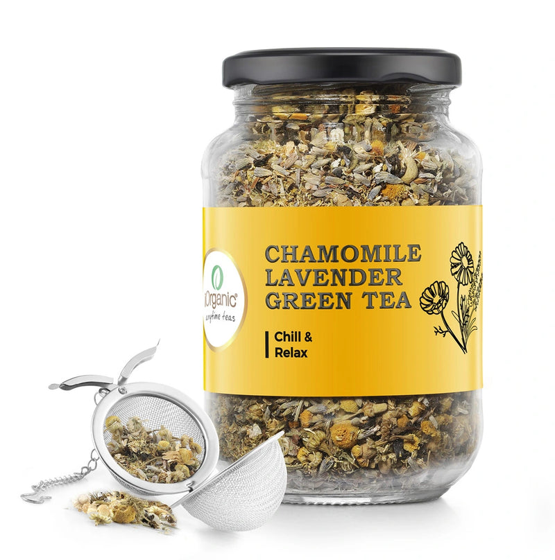 Chamomile Lavender Green Tea jar with tea infuser, designed for relaxation and better sleep.