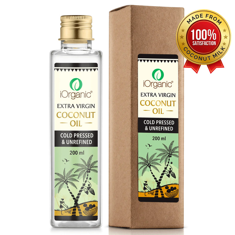 Eco-conscious packaging of iOrganic cold pressed virgin coconut oil in a 200 ml bottle alongside a cardboard box, made from pure coconut milk with a satisfaction badge.