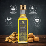 iOrganic Walnut Oil bottle with icons highlighting its benefits for heart health, hair growth, cooking, and nutrition.