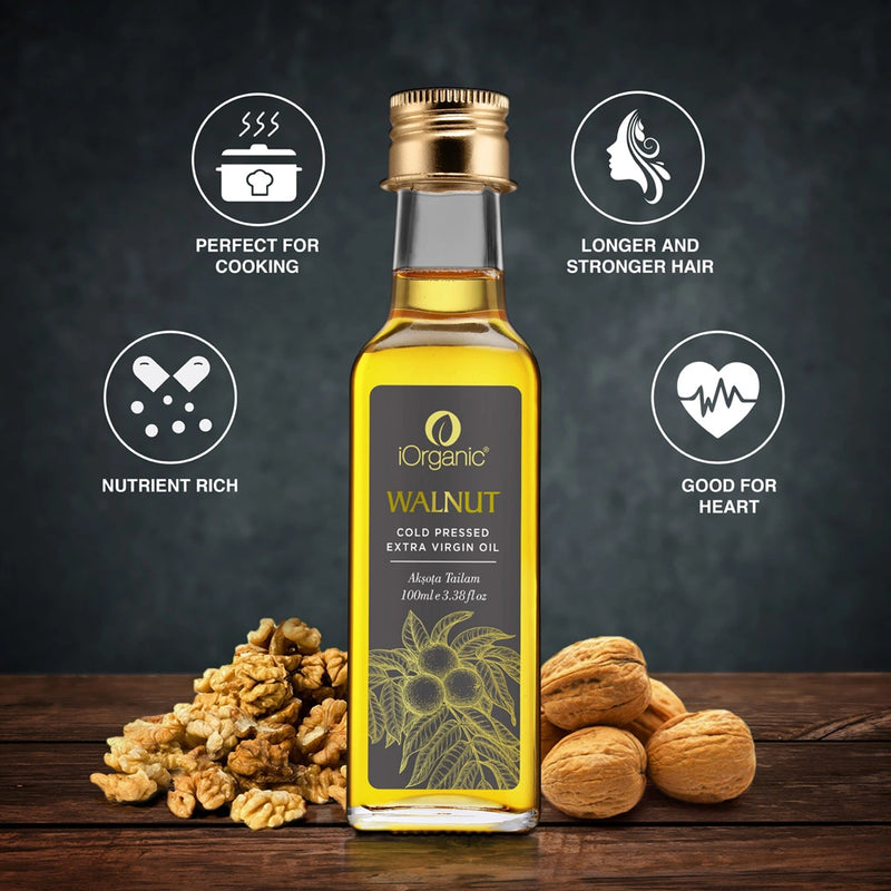 iOrganic Walnut Oil bottle with icons highlighting its benefits for heart health, hair growth, cooking, and nutrition.