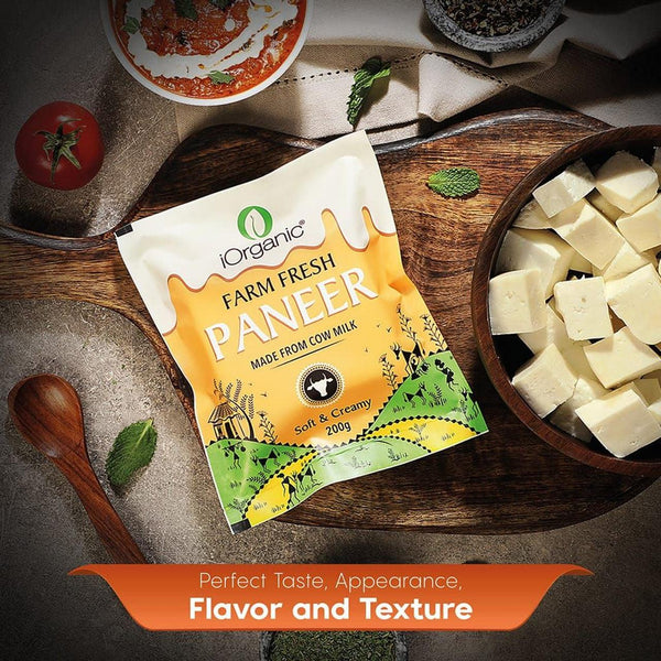 iOrganic A2 Milk Paneer, protein-rich and calcium-packed, crafted from 100% full-fat A2 cow milk, presenting a fresh and creamy texture, ideal for nutritious Indian cuisine.