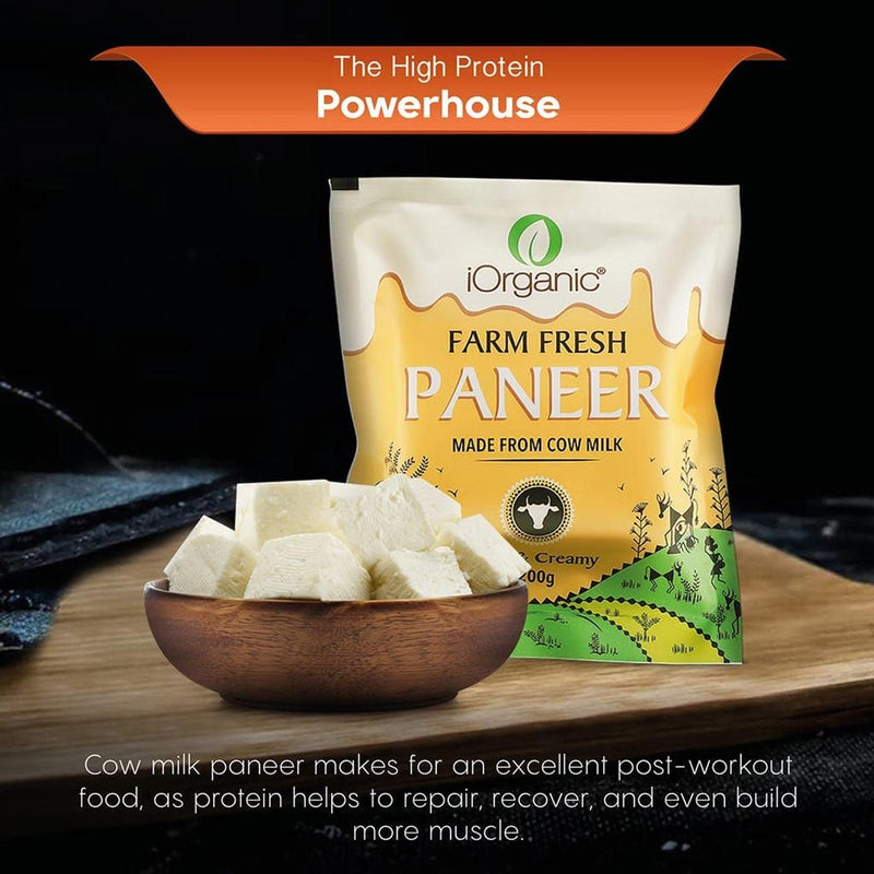 iOrganic A2 milk Paneer, labeled as a 'High Protein Paneer', with a bowl of creamy paneer cubes on a wooden board, promoting muscle repair and recovery for a healthy, post-workout meal.