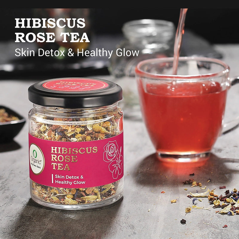 Hibiscus Rose Tea jar with brewed tea in the background, highlighting its benefits for skin detox and a healthy glow.