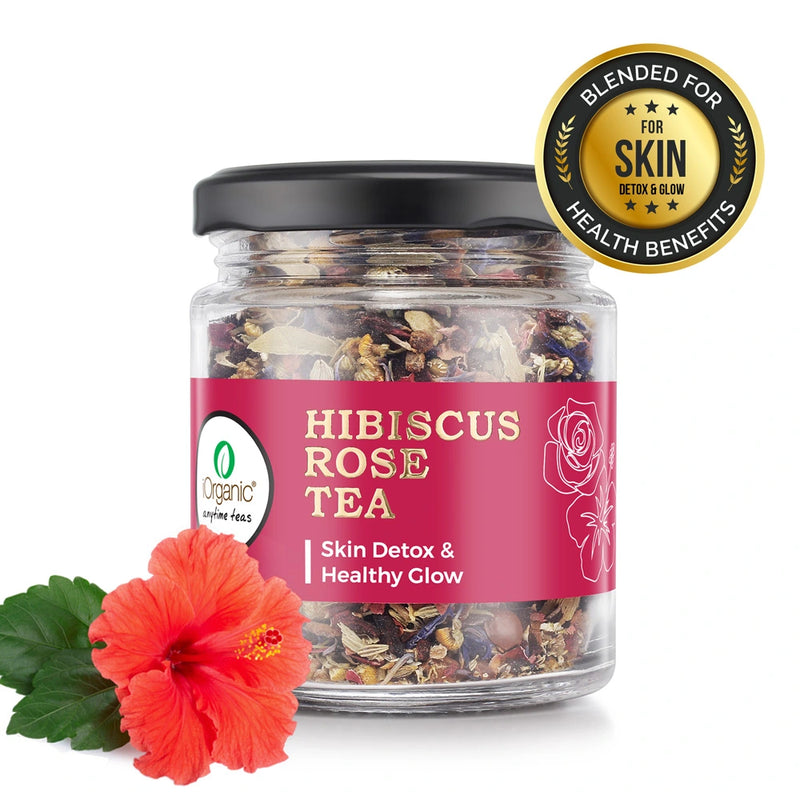 Close-up of Hibiscus Rose Tea jar showcasing its premium ingredients like hibiscus, rose petals, chamomile, and spices.