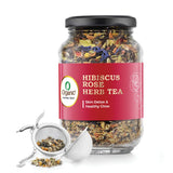 Hibiscus Rose Tea jar with key ingredients like hibiscus, rose petals, cardamom, and fennel displayed, promoting its natural detox benefits.