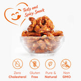 Healthy snack option iOrganic Peri Peri Cashews displayed with icons for zero cholesterol, gluten-free, natural, and non-GMO qualities