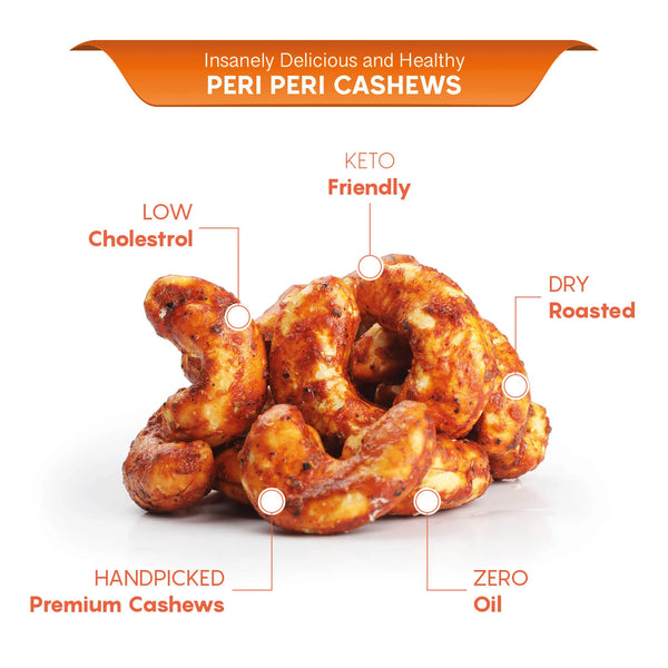 Close-up view of iOrganic Peri Peri Cashews showcasing their low cholesterol, keto-friendly profile, and the fact they are dry roasted without oil.