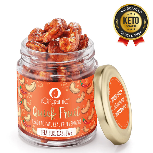 Jar of iOrganic Peri Peri Cashews, air-roasted and gluten-free, with no oil added, on white background.