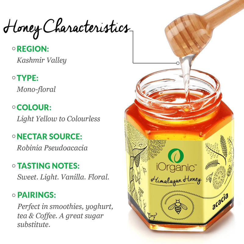 iOrganic Raw Acacia Honey's characteristics highlighted, with notes of its origin from Kashmir, mono-floral type, light color, and suitability for tea, smoothies, and as a sugar substitute.