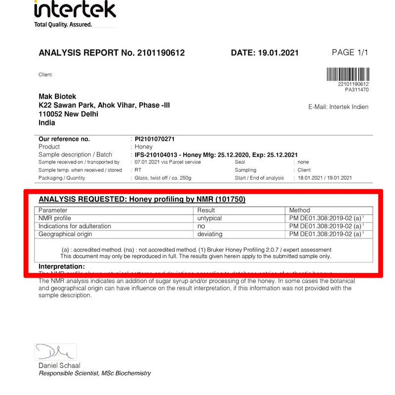 Official NMR purity test report verifying the authenticity of iOrganic Raw Acacia Honey.