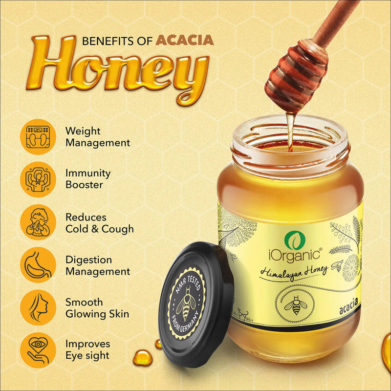 Infographic detailing the health benefits of iOrganic Acacia Honey, including weight management, immunity boosting, and skin improvement, alongside the pure honey jar.