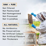 List of raw and unfiltered honey benefits with a beekeeper holding honeycombs.