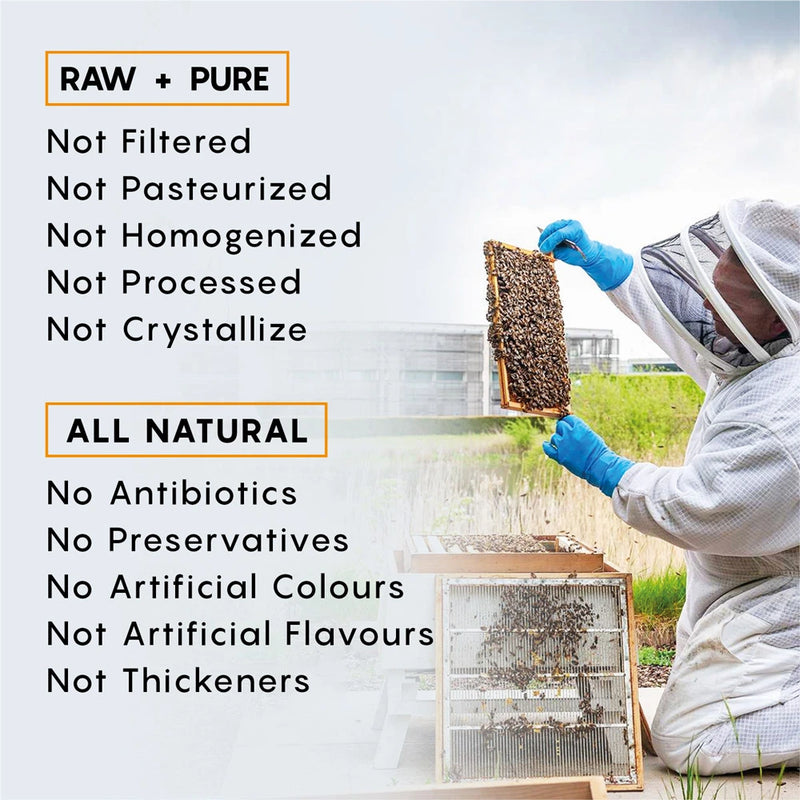 List of raw and unfiltered honey benefits with a beekeeper holding honeycombs.