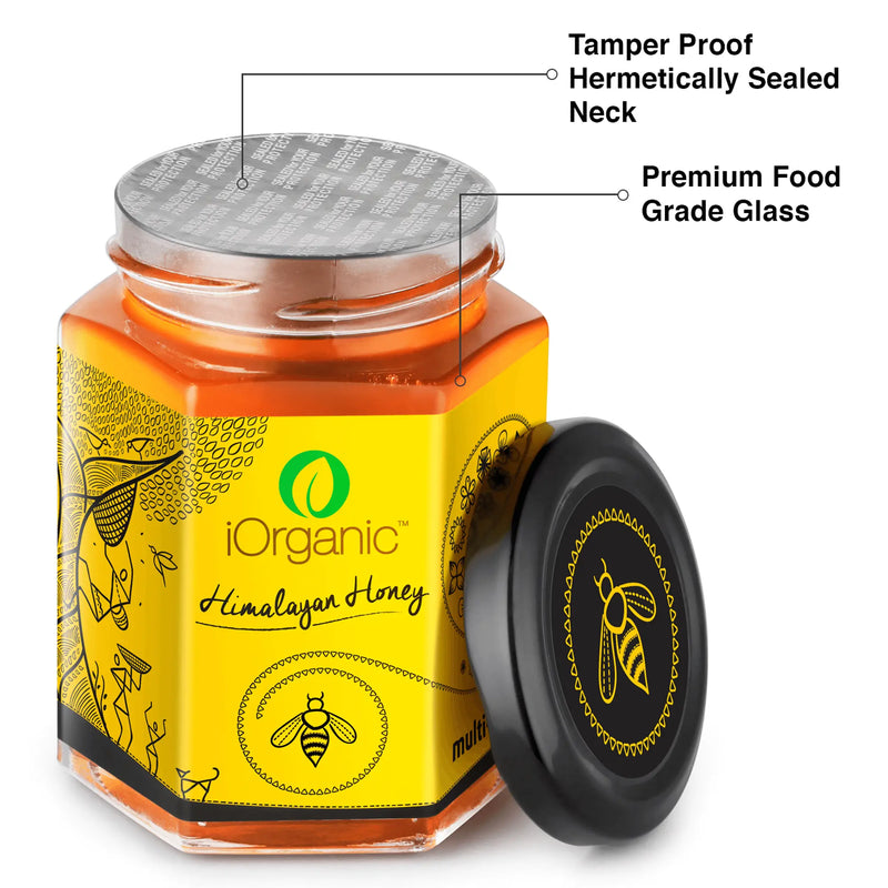 Close-up of iOrganic Raw Himalayan Honey jar emphasizing its tamper-proof, hermetically sealed neck and premium food-grade glass container.