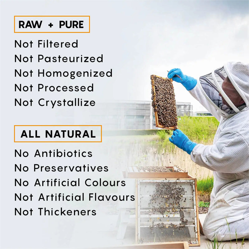 Beekeeper inspecting a honeycomb, illustrating the natural harvesting process of iOrganic's raw, pure, and all-natural Himalayan honey, free from additives