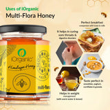 Organic Raw Honey's benefits infographic, illustrating its aid in digestion and throat soothing, and as a healthy sweetener for various dishes.