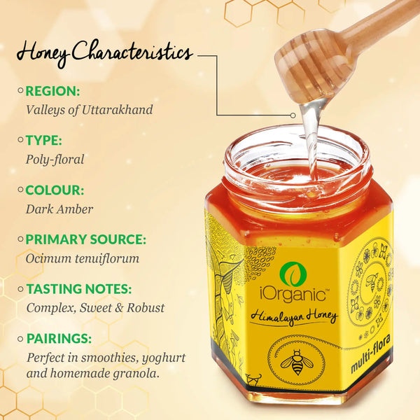 iOrganic's Raw Himalayan Honey jar with a description of its dark amber color and poly-floral type, harvested from Ocimum tenuiflorum in Uttarakhand.