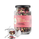 Large jar of iOrganic Rose Jasmine Cinnamon Tea, a floral and spiced infusion for mood enhancement and mental clarity.