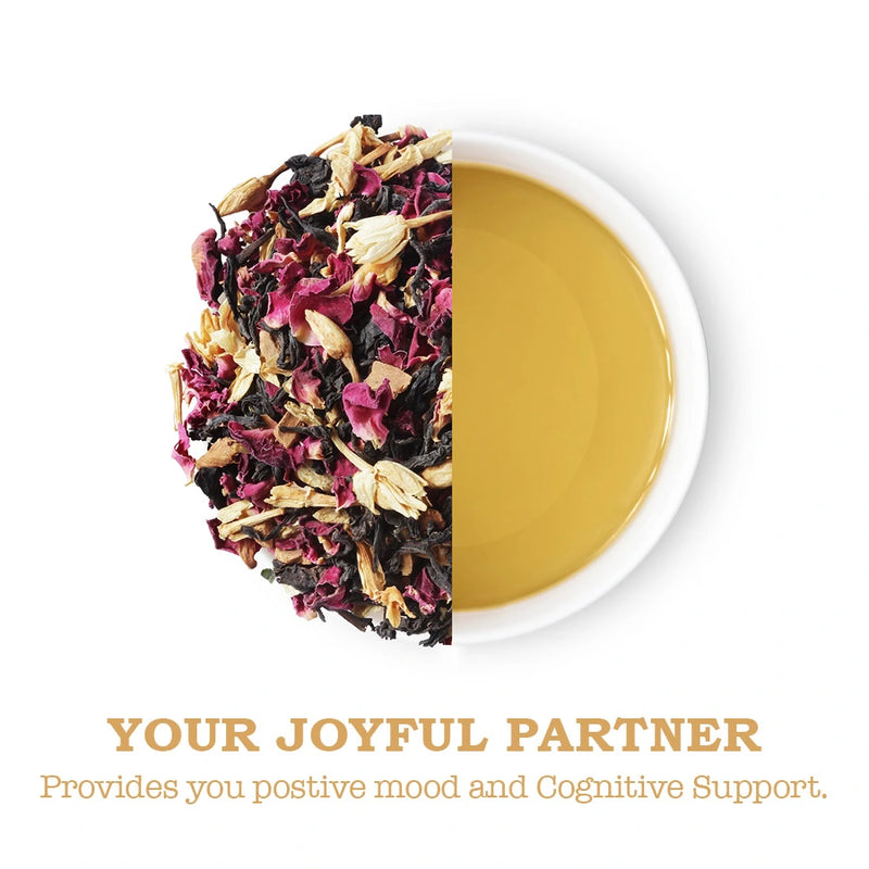 Aromatic blend of iOrganic Rose Jasmine Cinnamon Tea in a golden liquor, offering relaxation and cognitive support.