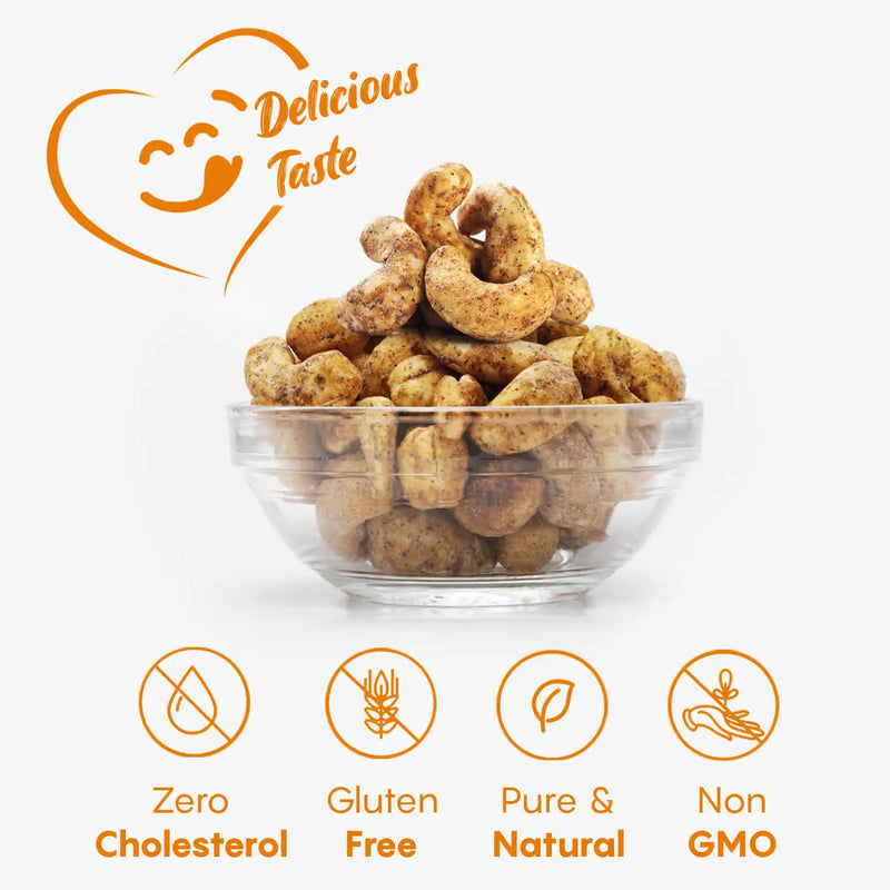 Delicious iOrganic Salt & Pepper Cashews in a clear bowl, zero cholesterol and gluten-free for a healthy snack option.