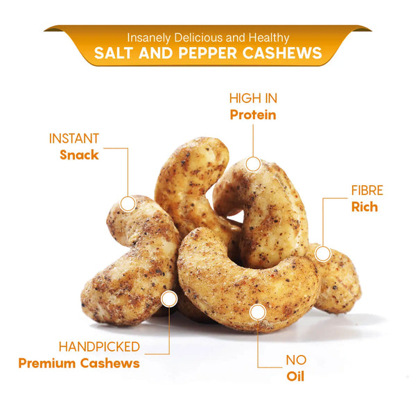 Infographic showing the health benefits of iOrganic's Salt & Pepper Cashews, highlighting their high protein and fiber content.