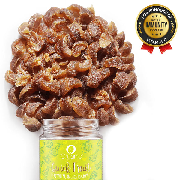 iOrganic’s sweet and tangy Dried Amla Candy spilling from a jar, showcased as an immunity-boosting natural dried fruit snack.