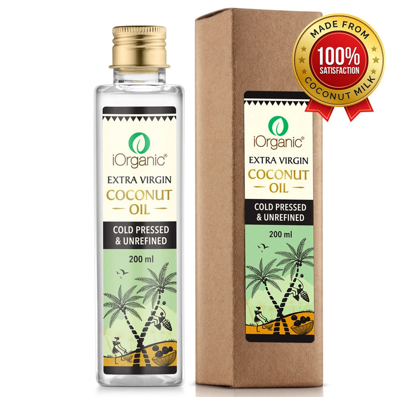 iOrganic Virgin Coconut Oil 200ml - Cold Pressed & Unrefined, extracted from fresh coconut milk for ultimate purity and natural wellness.