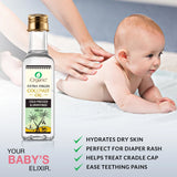 A bottle of iOrganic Virgin Coconut Oil beside a baby receiving a soothing massage.