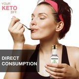 A fitness model consuming a spoonful of virgin coconut oil, ideal for keto diet followers.